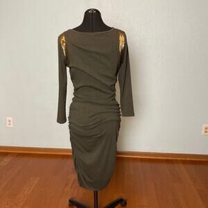 M Ann Taylor stretchy Green Gold bodycon knee length pencil dress long sleeve